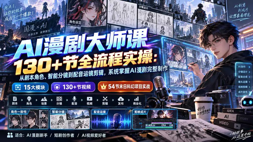 AI漫剧短剧实战课:130+节从剧本角色、智能分镜到配音运镜剪辑,系统掌握AI漫剧完整制作