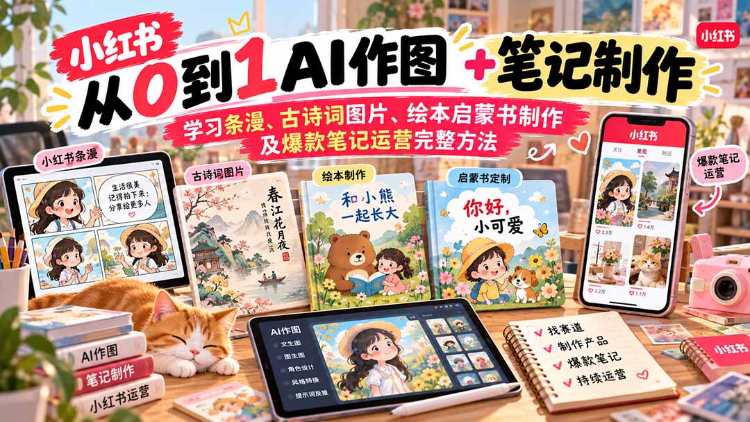 小红书AI作图+笔记制作课：从条漫、绘本、古诗词图片到角色设计与赛道运营全流程