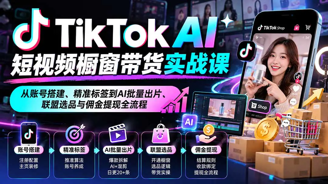 TikTok AI短视频橱窗带货课:从账号环境搭建、爆款拆解到AI批量出片与联盟选品佣金提现全流程