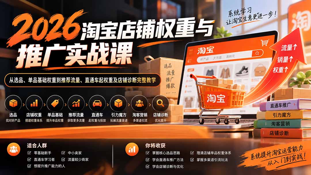 2026淘宝店铺权重与推广实战课：从选品、单品起爆权重到直通车、引力魔方与淘客营销，跑通店铺诊断优化全链路