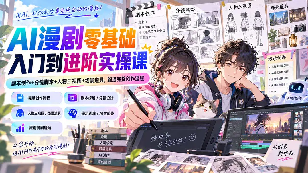 AI漫剧零基础入门到进阶实操课:剧本创作+分镜脚本+人物三视图+场景道具,跑通完整创作流程