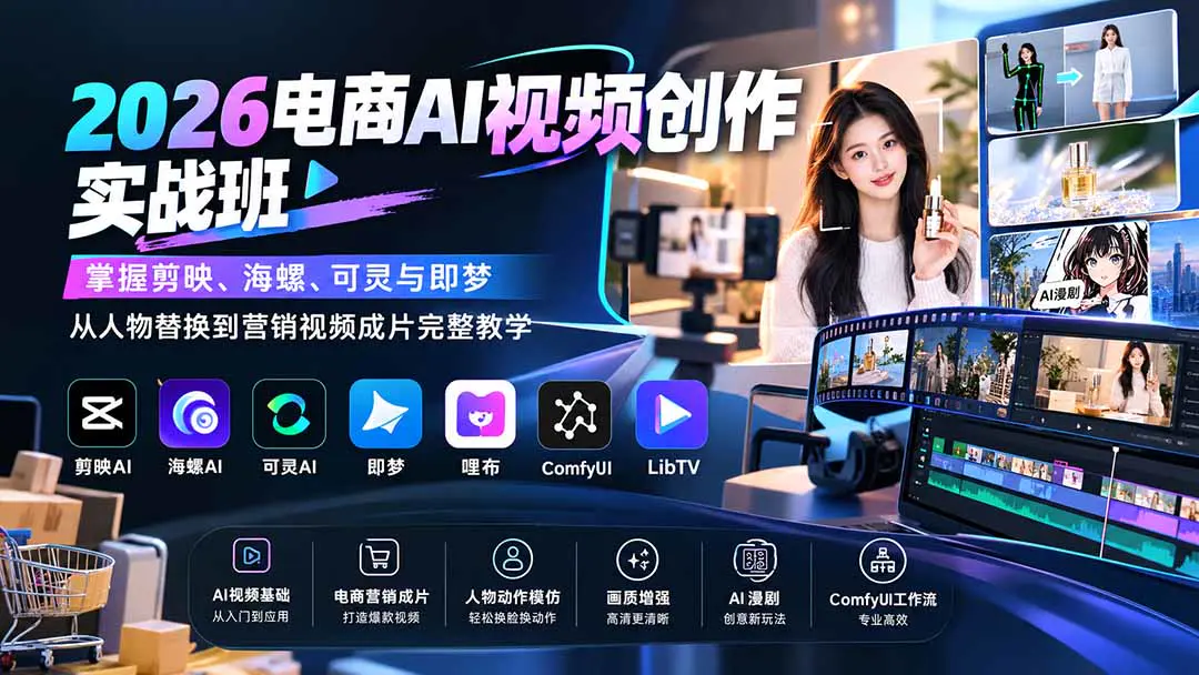 2026电商AI视频创作实战班:剪映/海螺/可灵/即梦+ComfyUI全工具实操,从人物动作模仿到电商营销成片