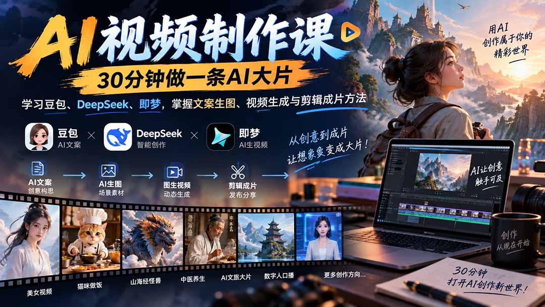 AI视频制作课：零基础学豆包DeepSeek即梦做视频，从文案分镜到剪辑成片，覆盖养生文旅数字人等多赛道变现