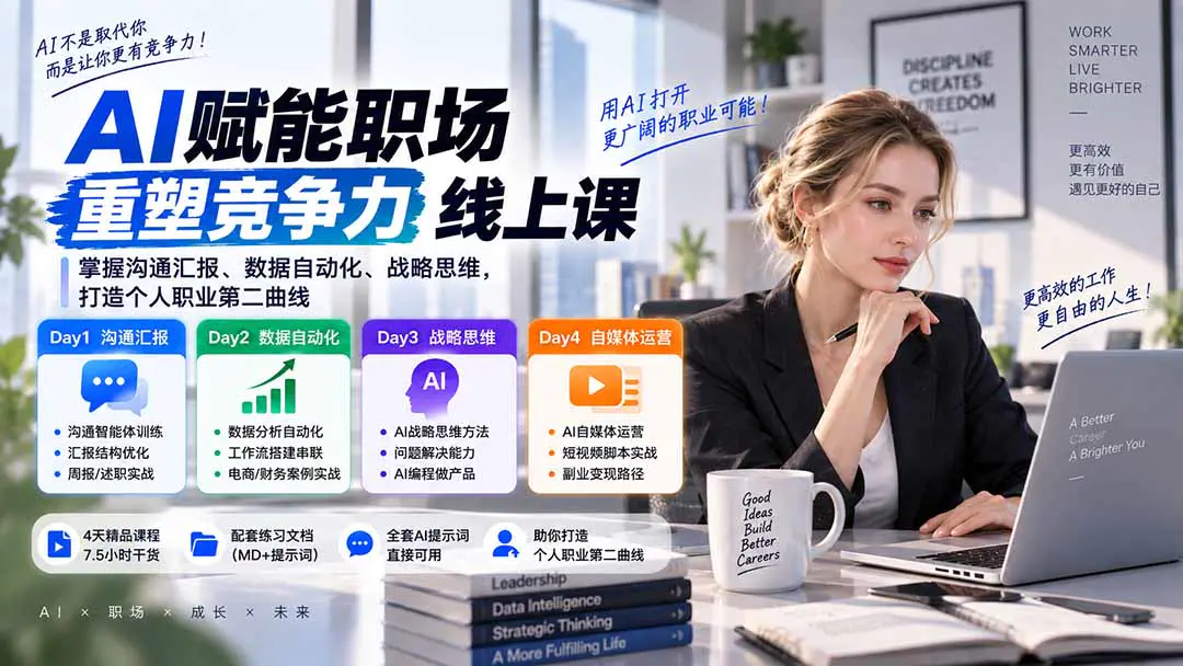 AI职场提效与第二曲线实战课:4天覆盖沟通汇报、数据分析自动化、战略思维与AI编程,延伸自媒体运营与副业拓展
