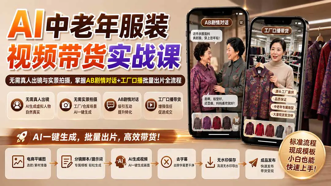 AI中老年服装视频带货实战课:无需真人出镜与实景拍摄,AB人物对话+工厂口播批量出片全流程