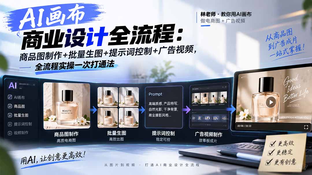 AI画布商业设计全流程：从商品图、批量生图到文本节点复刻视频与故事板广告成片