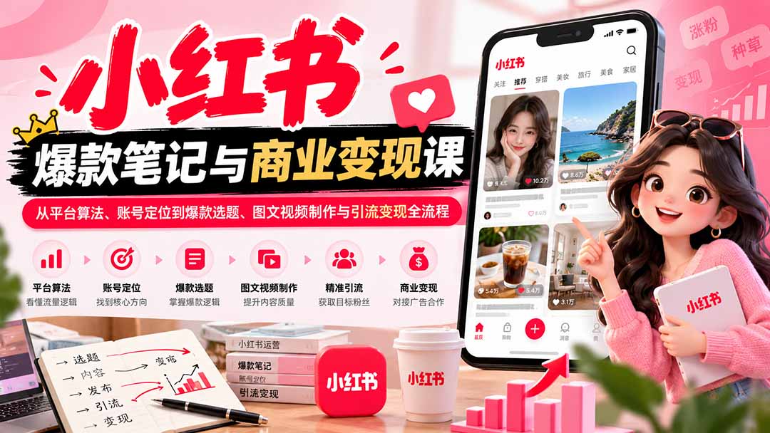 小红书爆款笔记与商业变现课：从账号定位、爆款选题到精准引流与广告变现全流程