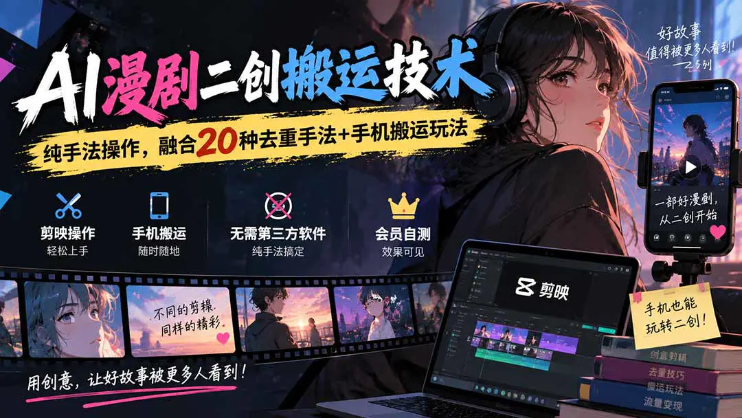 AI漫剧二创搬运技术,纯手法操作,融合20种去重手法+手机搬运玩法