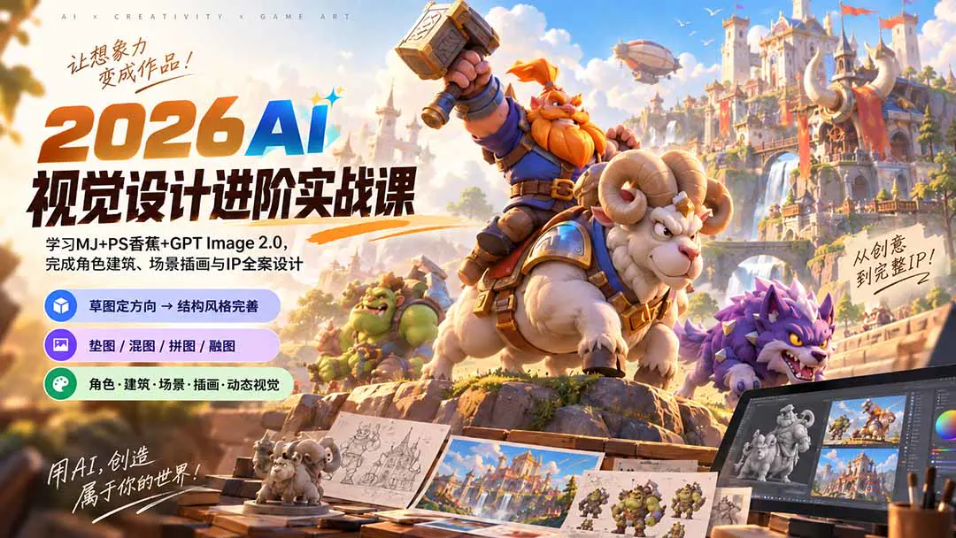 2026AI视觉设计进阶实战课:学习MJ+PS香蕉+GPT Image 2.0,完成角色建筑、场景插画与IP全案设计