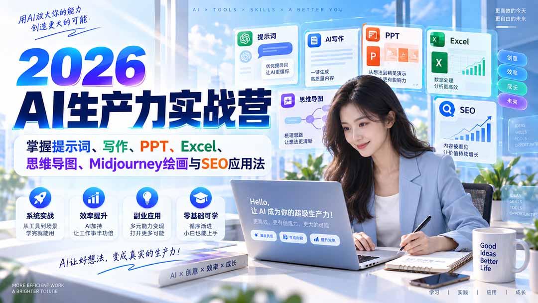 2026零基础AI全场景实战课：掌握提示词、写作、PPT、Excel、思维导图、Midjourney绘画与SEO应用法