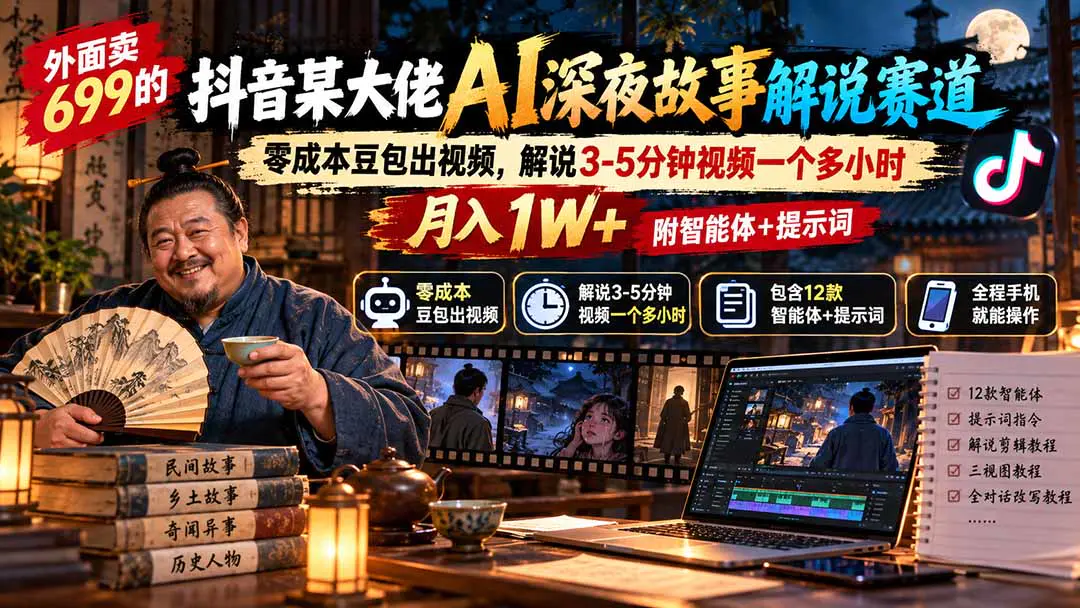 AI深夜故事解说实操课:豆包零成本做视频,从文案剧本、人物锁定到分镜剪辑,跑通广告分成变现