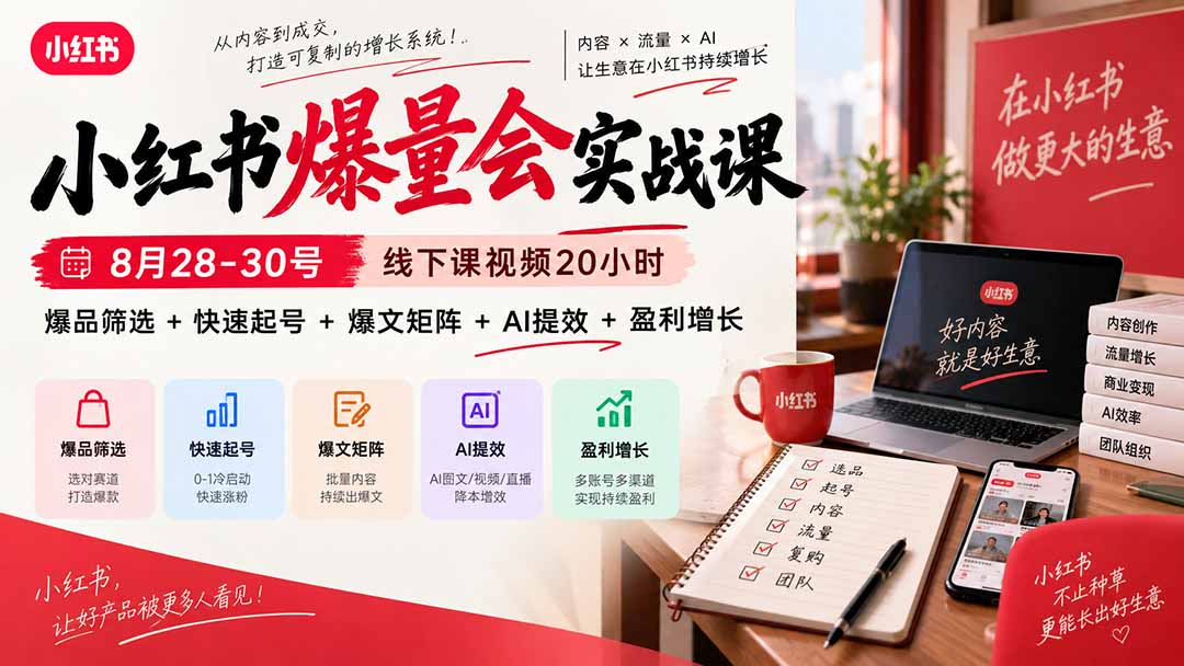 小红书爆量会线下视频课：爆品筛选+快速起号+爆文矩阵+AI提效+盈利增长