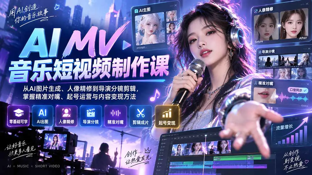 AI MV音乐号实操课:从AI出图、固定人物长相到分镜视频与对口型,跑通音乐短视频制作与起号运营全流程