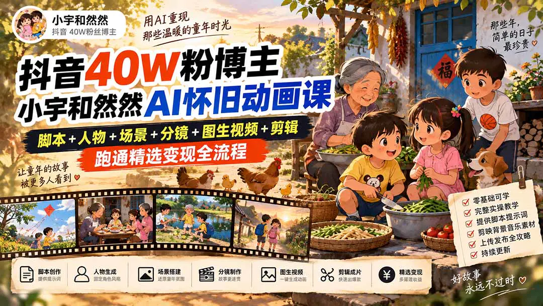 抖音AI怀旧故事短片动画课,脚本+人物+场景+分镜+图生视频+剪辑+变现