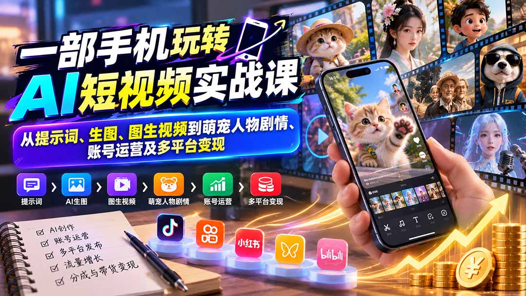 手机AI短视频全流程课：从即梦豆包工具、AI萌宠剧情到账号运营与多平台带货变现
