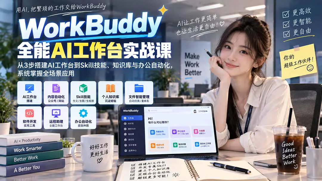 WorkBuddy全能AI工作台实战课:从搭建、内容自动化、自定义Skill到知识库与文件智能管理,打造自进化工作空间
