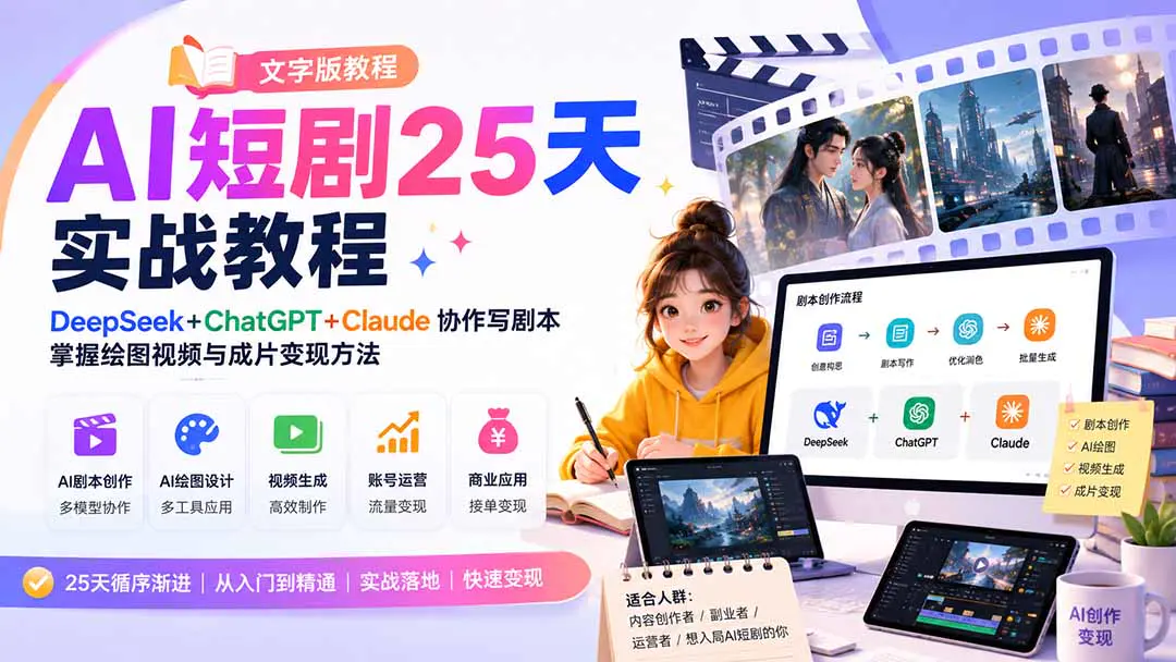 AI短剧25天实战教程:DeepSeek+ChatGPT+Claude剧本创作,Midjourney/可灵AI视频生成,掌握绘图视频与成片变现方法(文字版)