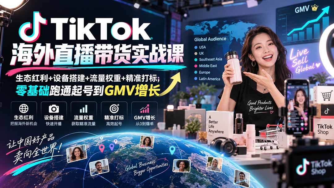 TikTok海外直播带货实战课，从账号起号、流量打标、数据运营到直播节奏与GMV增长，跑通海外带货全链路