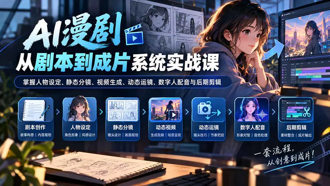 AI漫剧从剧本到成片系统实战课:人物设定、静态分镜转动态视频,结合运镜与数字人配音完成后期剪辑