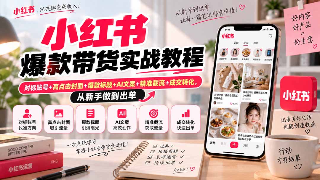 小红书爆款带货实战教程，从开店上架、选品找货到爆款笔记、AI文案与发货复盘，零基础跑通带货完整闭环