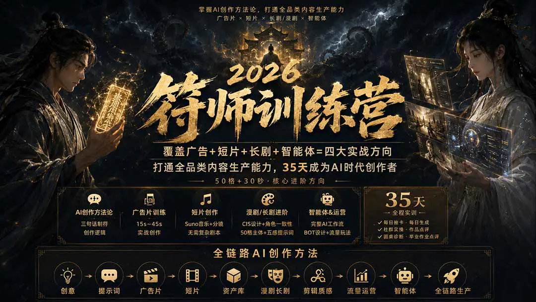 符师训练营,广告+短片+长剧+智能体工作流,培养全链路AI内容创作能力