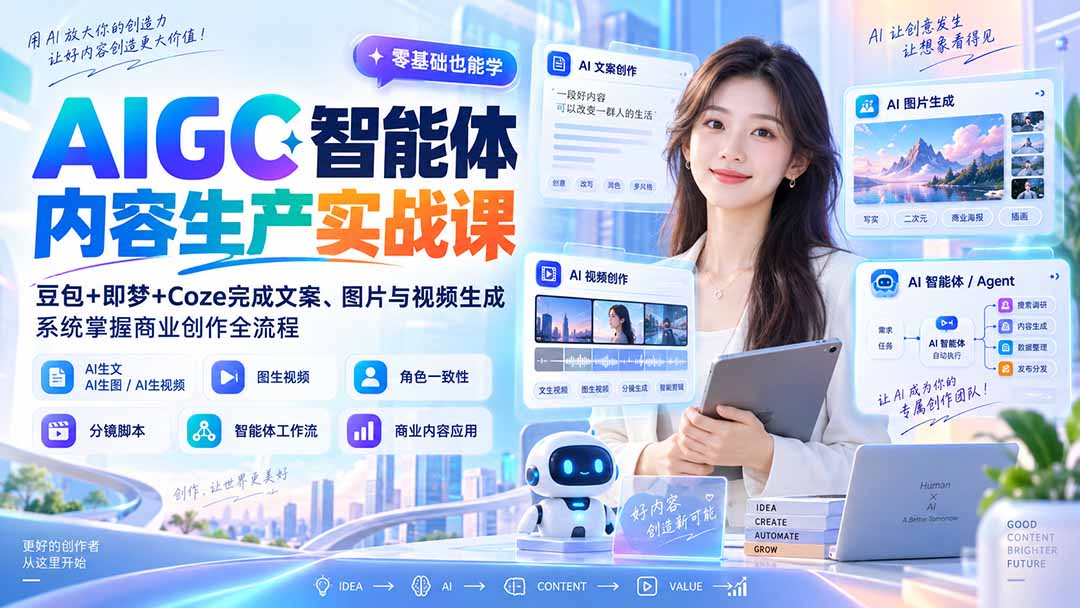AI内容生产实战课：豆包+即梦+Coze完成文案、图片与视频生成，系统掌握商业创作全流程