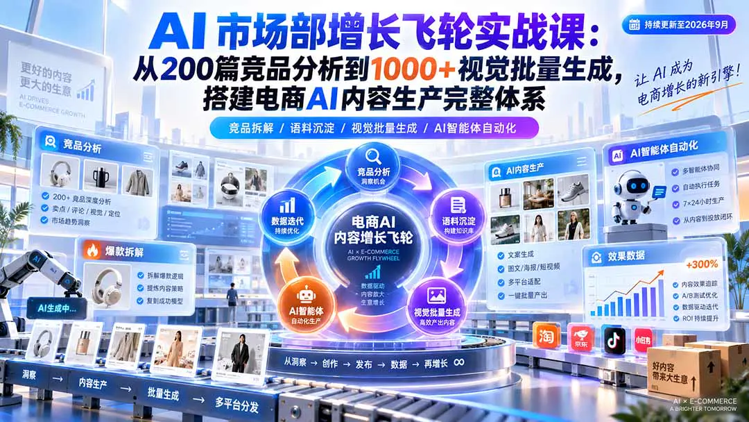 AI市场部增长飞轮实战课:从竞品分析、爆款拆解到批量视觉生产与智能体搭建,构建电商内容增长飞轮