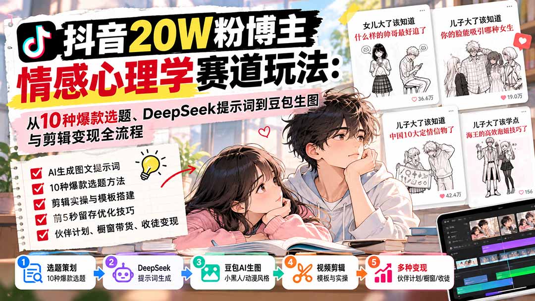 抖音情感心理学赛道玩法：从10种爆款选题、DeepSeek提示词到豆包生图与剪辑变现全流程