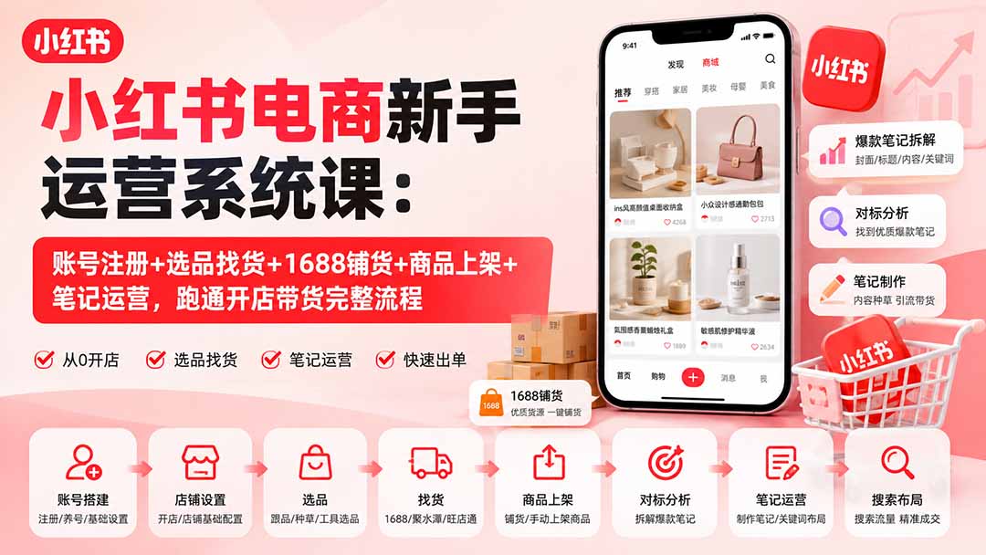 小红书电商新手运营系统课：账号注册+选品找货+1688铺货+商品上架+爆款笔记运营，跑通开店带货完整流程