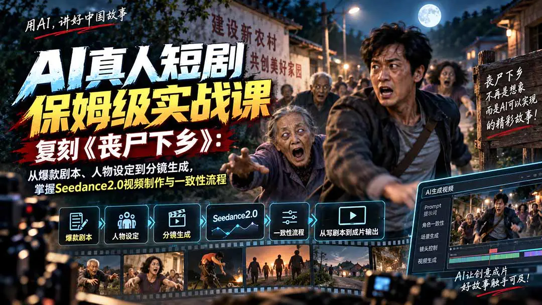 AI真人短剧保姆级教程:复刻《丧尸下乡》从剧本、分镜到Seedance2.0动态生成与剪辑,解决人物场景一致性,跑通成片全流程