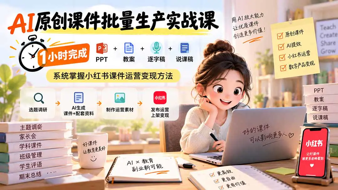 AI原创课件批量生产实战课:PPT+教案+逐字稿+说课稿,系统掌握小红书课件运营变现方法