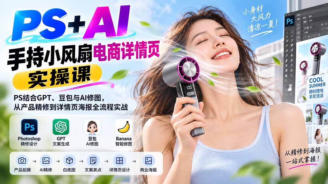 AI手持小风扇电商详情页实操课：PS结合GPT、豆包与AI修图，从产品精修到海报全流程