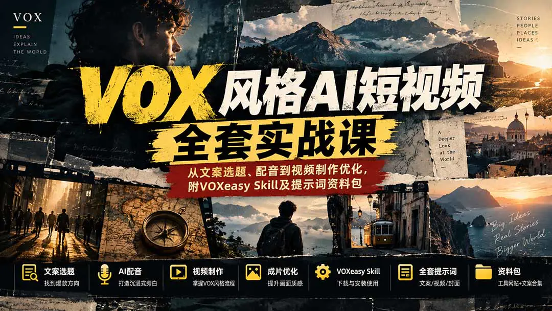 VOX风格AI视频全套课:从选题文案、旁白配音到AI成片与封面包装,配套Skill与提示词