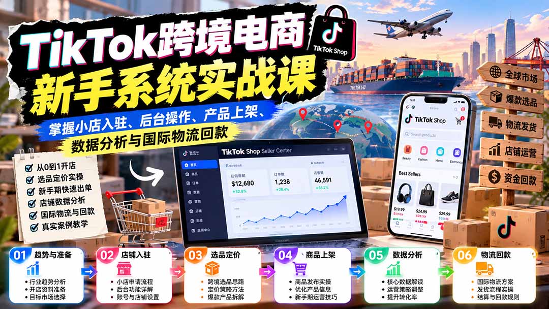 TikTok Shop跨境小店0到1课：从开店申请、选品定价到新手期运营、物流回款全流程
