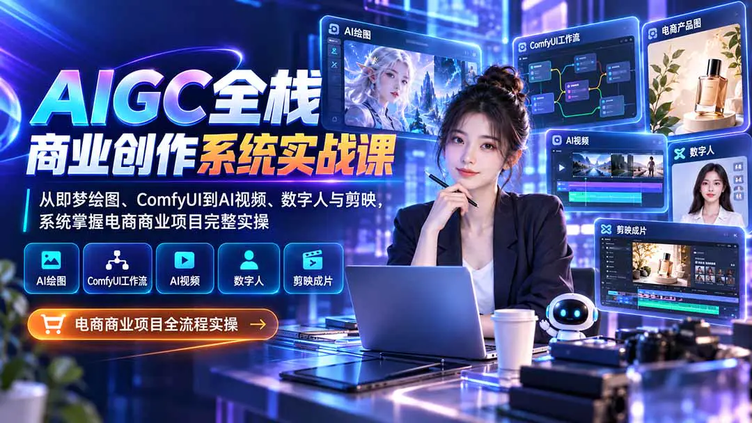 AI全栈商业创作系统实战课:从即梦绘图、ComfyUI到AI视频、数字人与剪映,系统掌握电商商业项目完整实操