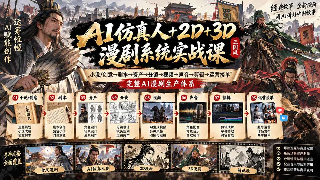AI仿真人+2D/3D漫剧实战课:从小说改编、角色资产到分镜运镜、视频成片与商单接单全流程