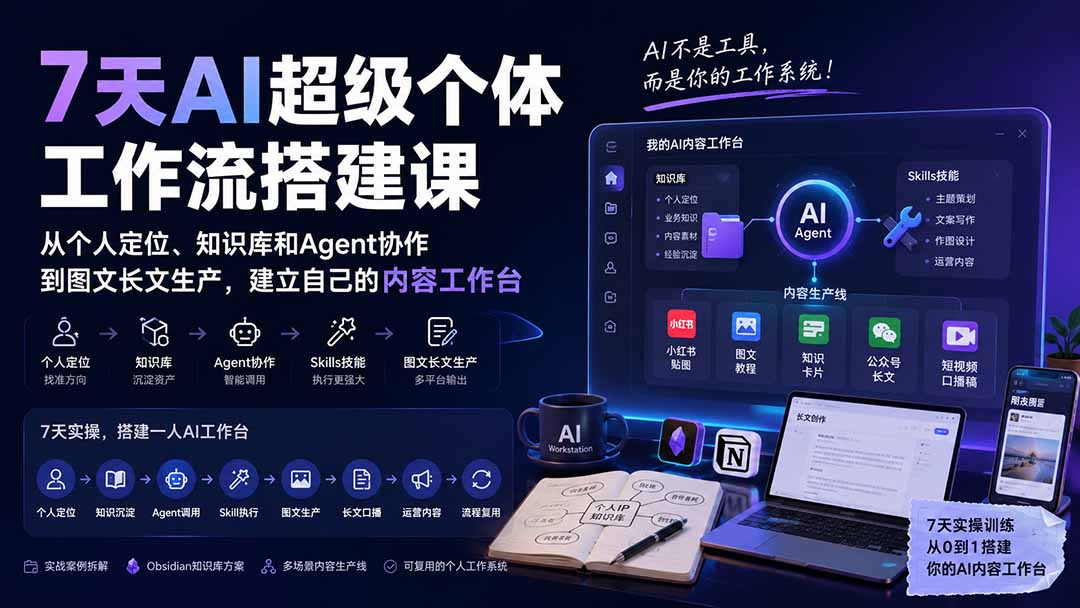 AI超级个体工作流搭建课：从个人定位、知识库和Agent智能体到图文长文生产，建立自己的内容工作台