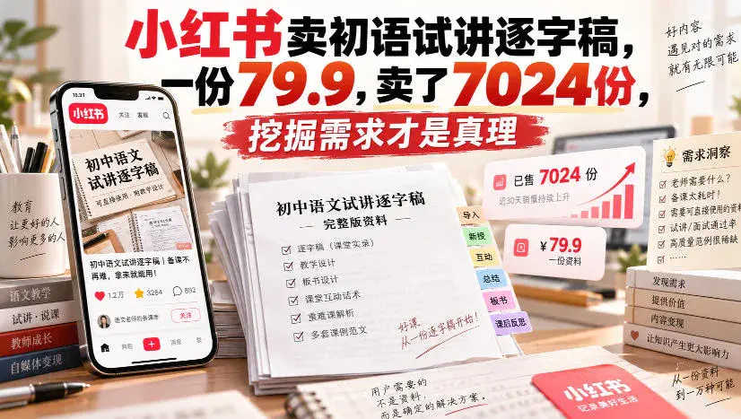 小红书教资试讲逐字稿虚拟资料变现,79.9元卖出7000+份