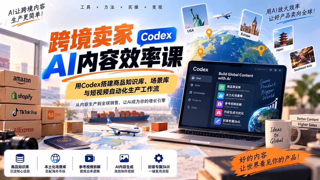 跨境电商AI内容效率课：用Codex搭建商品知识库、场景库与短视频自动化生产工作流