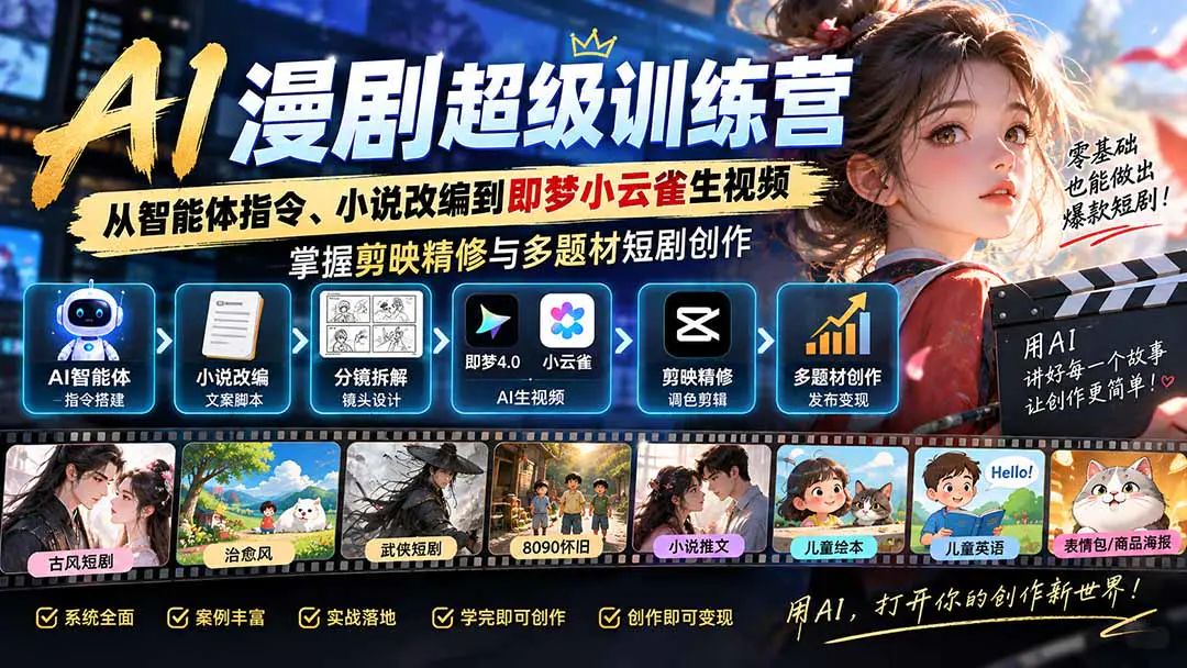 AI漫剧超级特训营:从智能体搭建、小说改编到即梦小云雀生视频与剪映精修,覆盖多题材创作与橱窗变现