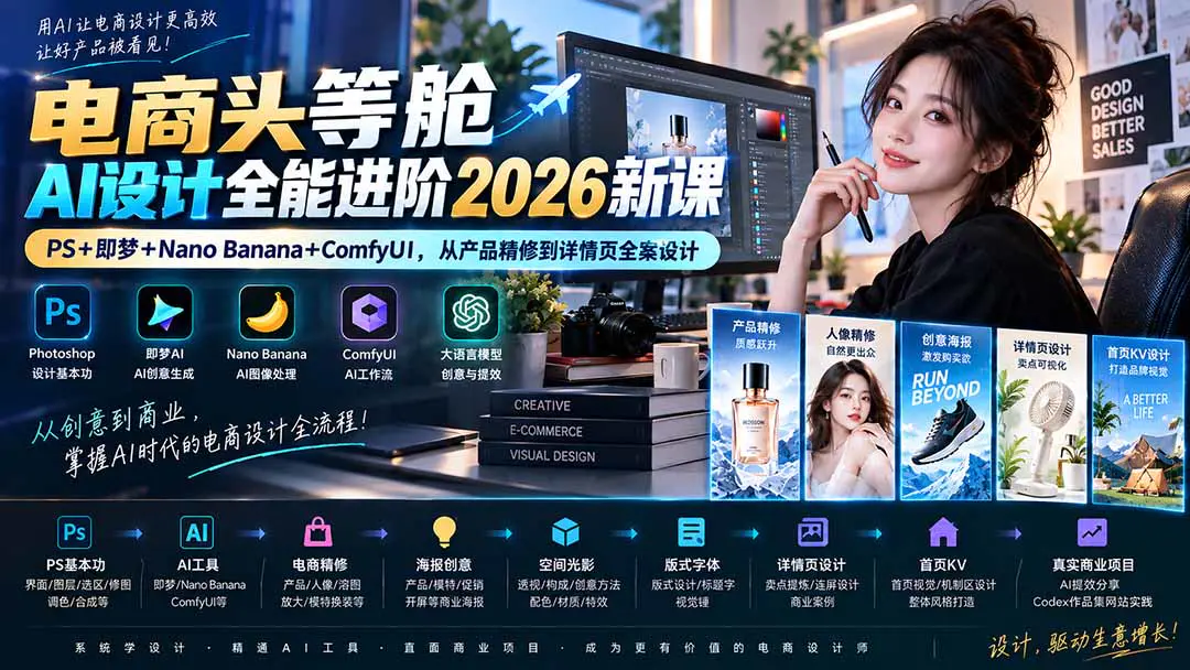 AI设计进阶课:PS+即梦+Nano Banana+ComfyUI,从产品精修到详情页设计