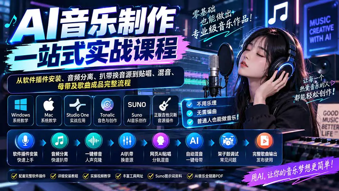 零基础AI音乐制作一站式实战课程:从软件插件安装、音频分离、扒带换音源到贴唱、混音、母带及歌曲成品完整流程