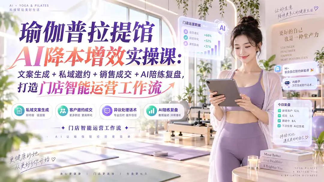瑜伽普拉提馆AI运营实战课:豆包千问搞定私域文案、客户邀约到成交话术,AI模拟陪练与复盘沉淀话术库