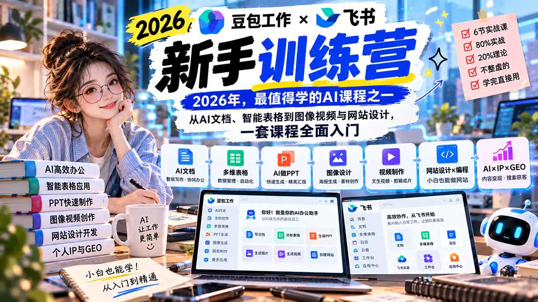 2026豆包工作+飞书新手课:从AI文档、智能表格到图像视频与网站设计,一套课程全面入门