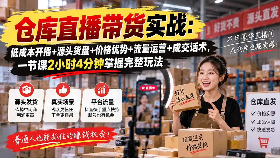 仓库直播带货实战课:低成本开播+源头货盘+价格优势+流量运营+成交话术,掌握完整玩法