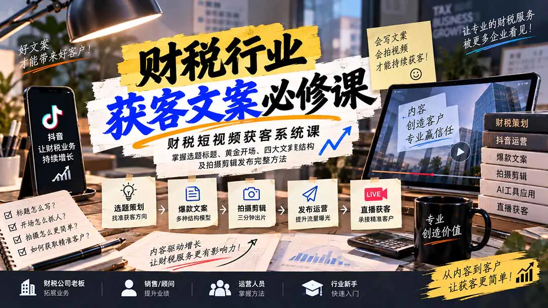 财税短视频获客系统课:从账号搭建、线索文案模型到拍摄剪辑与直播承接,跑通抖音获客全流程