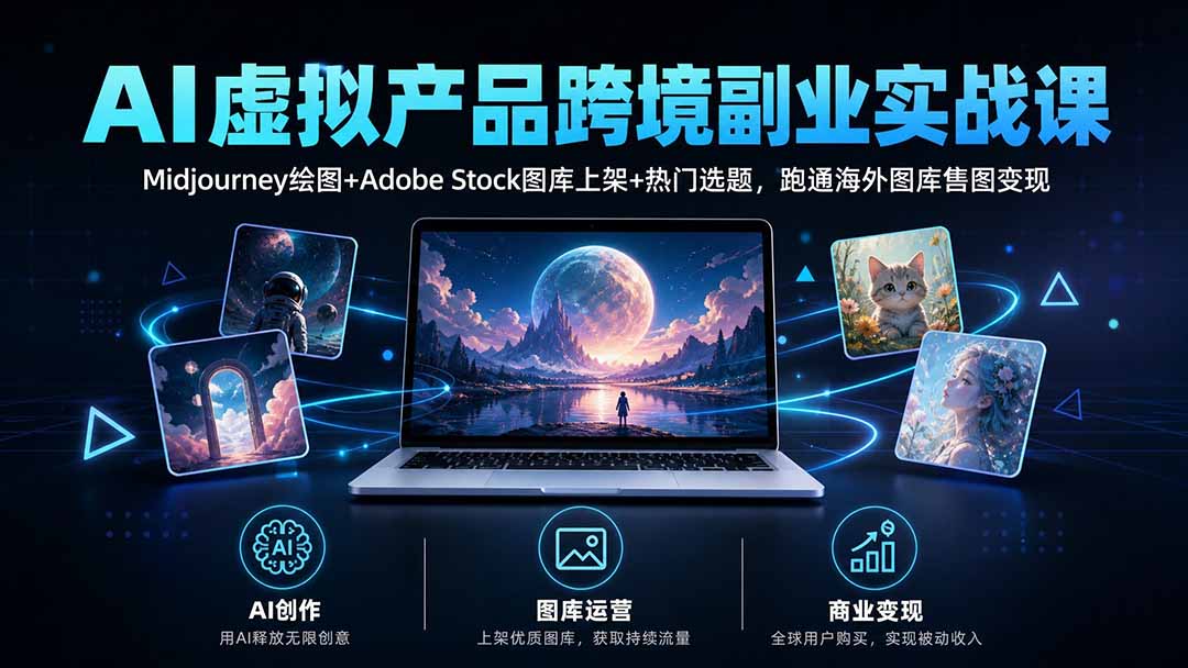 AI虚拟产品跨境副业实战课，Midjourney绘图+Adobe Stock图库上架+热门选题，跑通海外图库售图变现
