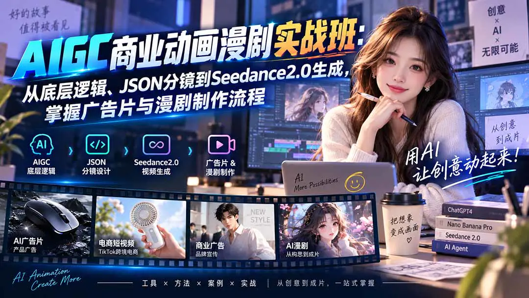 AI商业动画漫剧实战班:多工具联动,JSON分镜、Seedaance2.0生成,掌握广告片与漫剧制作流程