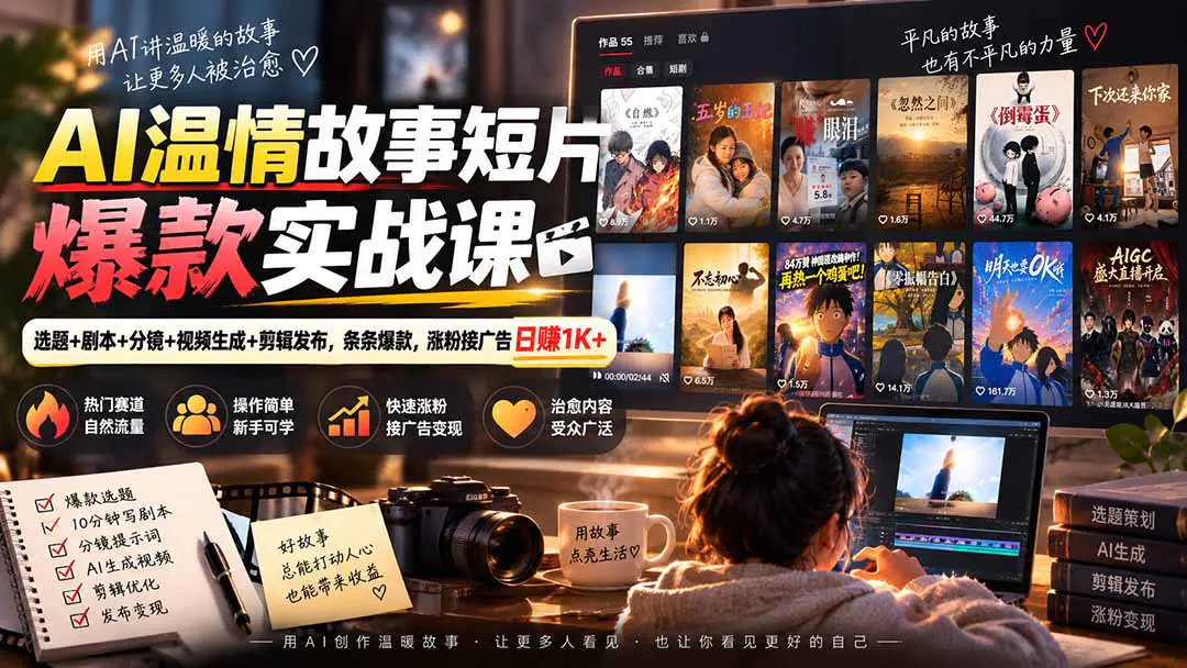 AI第一人称温情故事短片爆款实战课,选题+剧本+分镜+视频生成+剪辑发布,跑通涨粉与广告变现