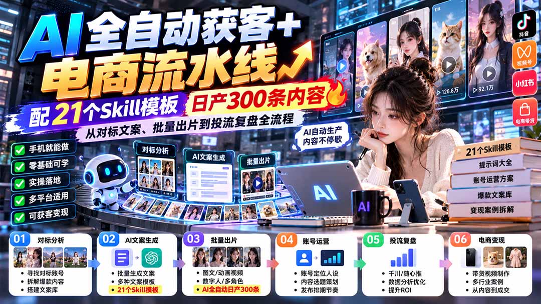 AI全自动获客+电商流水线：从对标拆解、批量文案到数字人出片与投流复盘，一人搭建自媒体运营团队